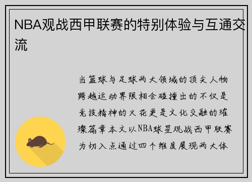 NBA观战西甲联赛的特别体验与互通交流